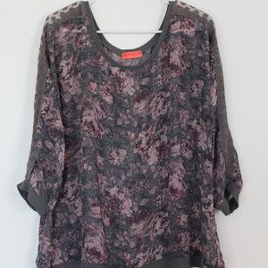 Gray Sheer Top with Lace Inset 3/4 Length Sleeves